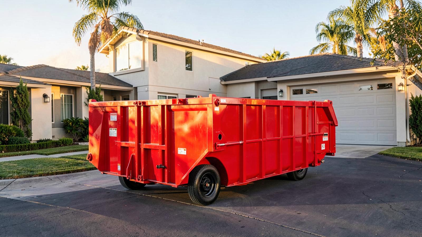 Red roll-off dumpster delivered to a Roseville home driveway