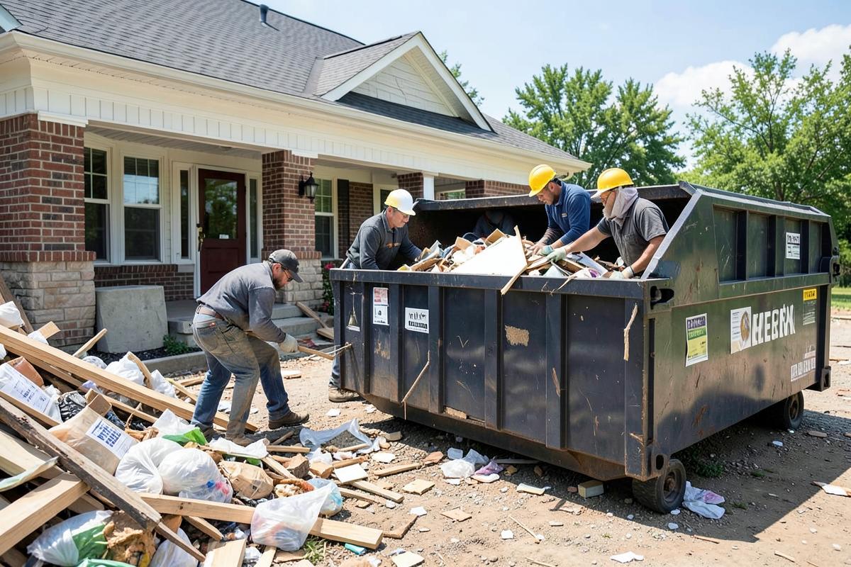 Crew loading renovation debris into a roll-off dumpster